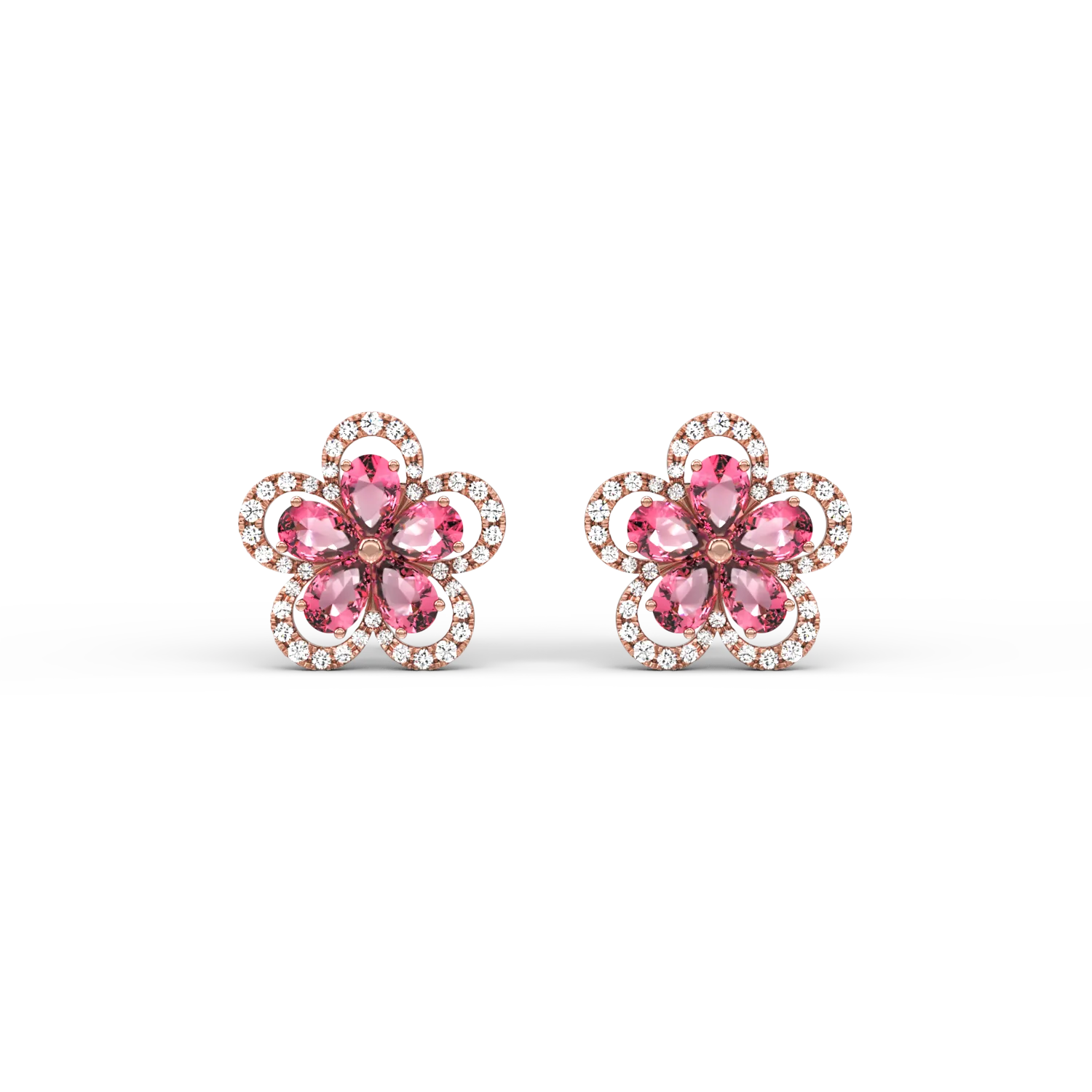 18K rose gold flower earrings with pink tourmalines of 2.1ct and diamonds of 0.29ct