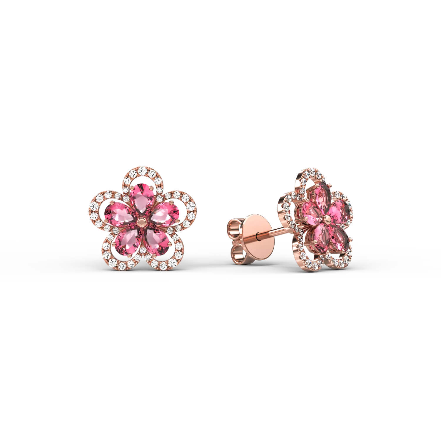Cercei floare din aur roz de 18K cu turmaline roz de 2.1ct si diamante de 0.29ct