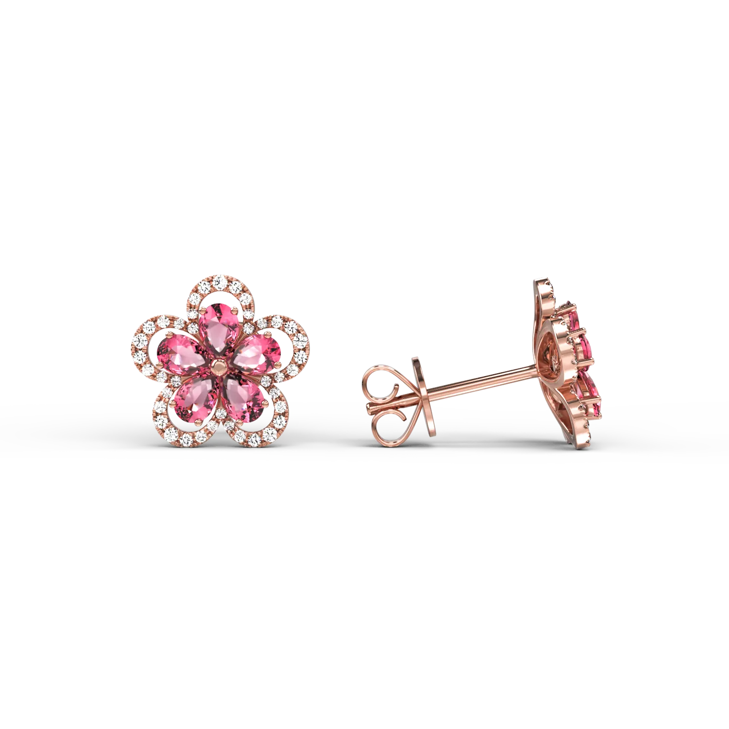 18K rose gold flower earrings with pink tourmalines of 2.1ct and diamonds of 0.29ct