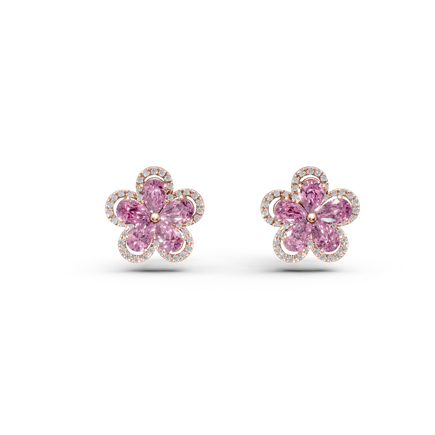 Cercei floare din aur roz cu turmaline roz pear de 2.1ct si diamante de 0.29ct