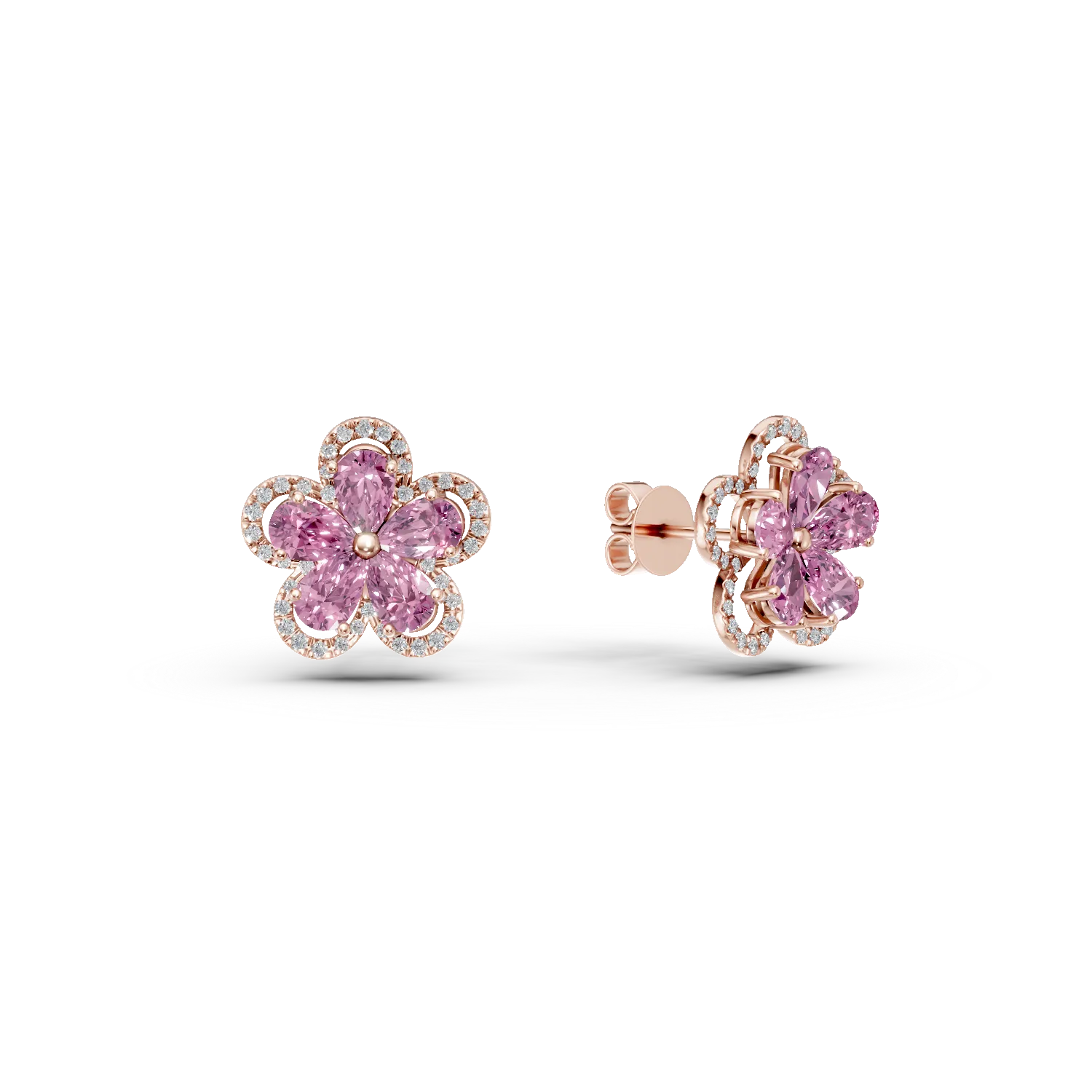 Cercei floare din aur roz cu turmaline roz pear de 2.1ct si diamante de 0.29ct