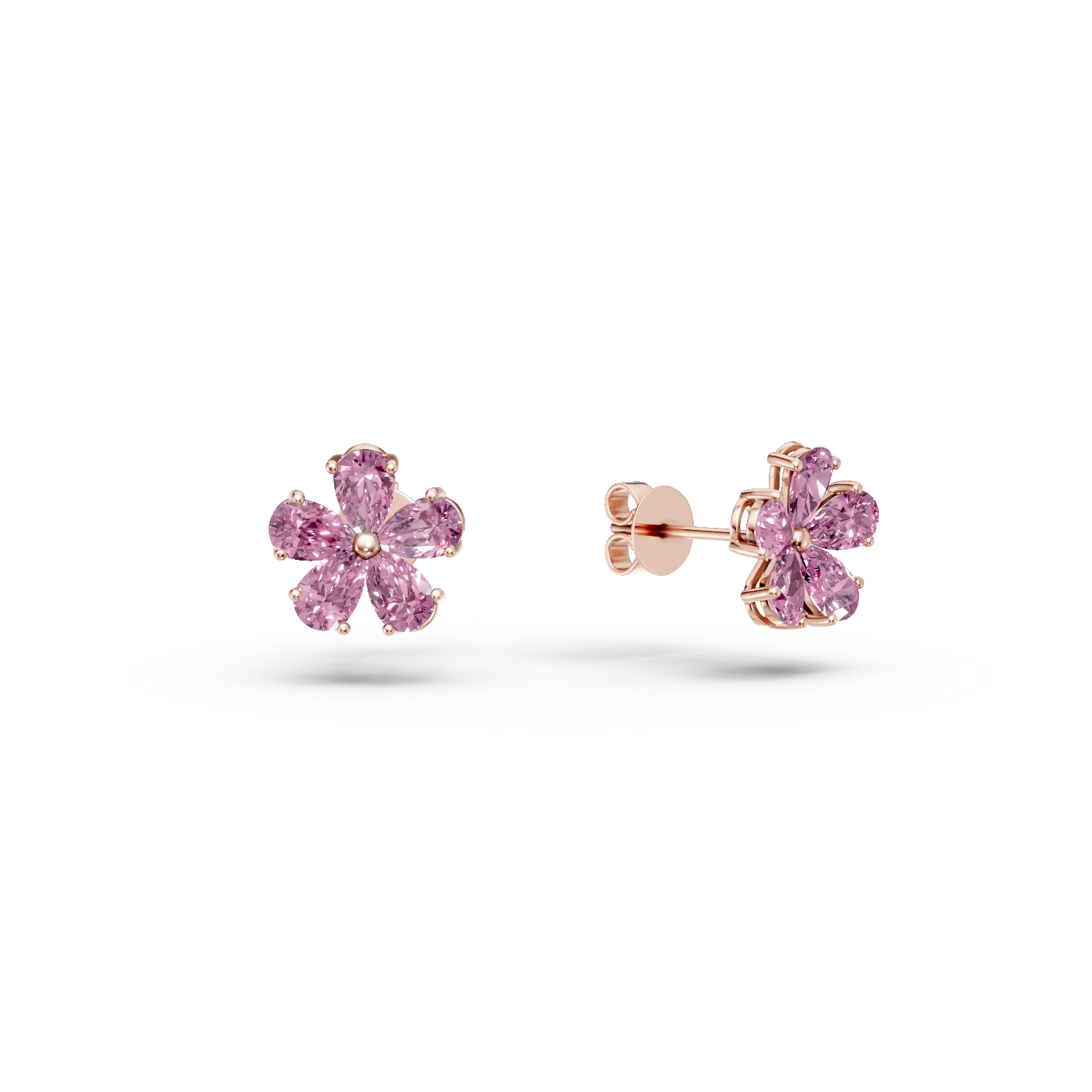 Cercei floare din aur roz cu turmaline roz pear de 2.1ct si diamante de 0.29ct