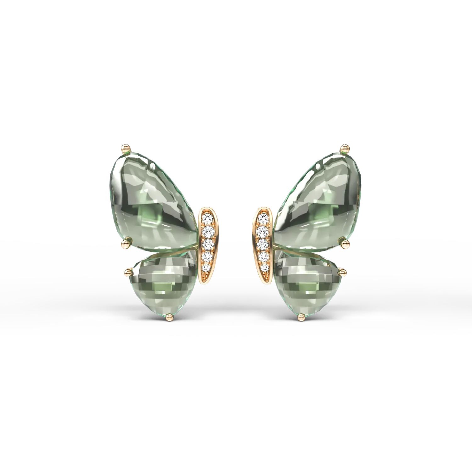 18K yellow gold butterfly earrings with green amethysts of 8.5ct and diamonds of 0.06ct