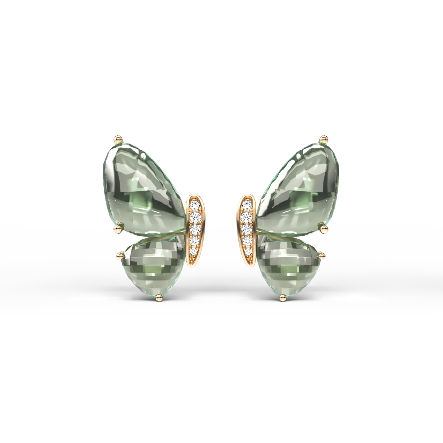 18k sárga pillangó fülbevaló 8.5ct zöld ametrih és gyémánt 0.06ct