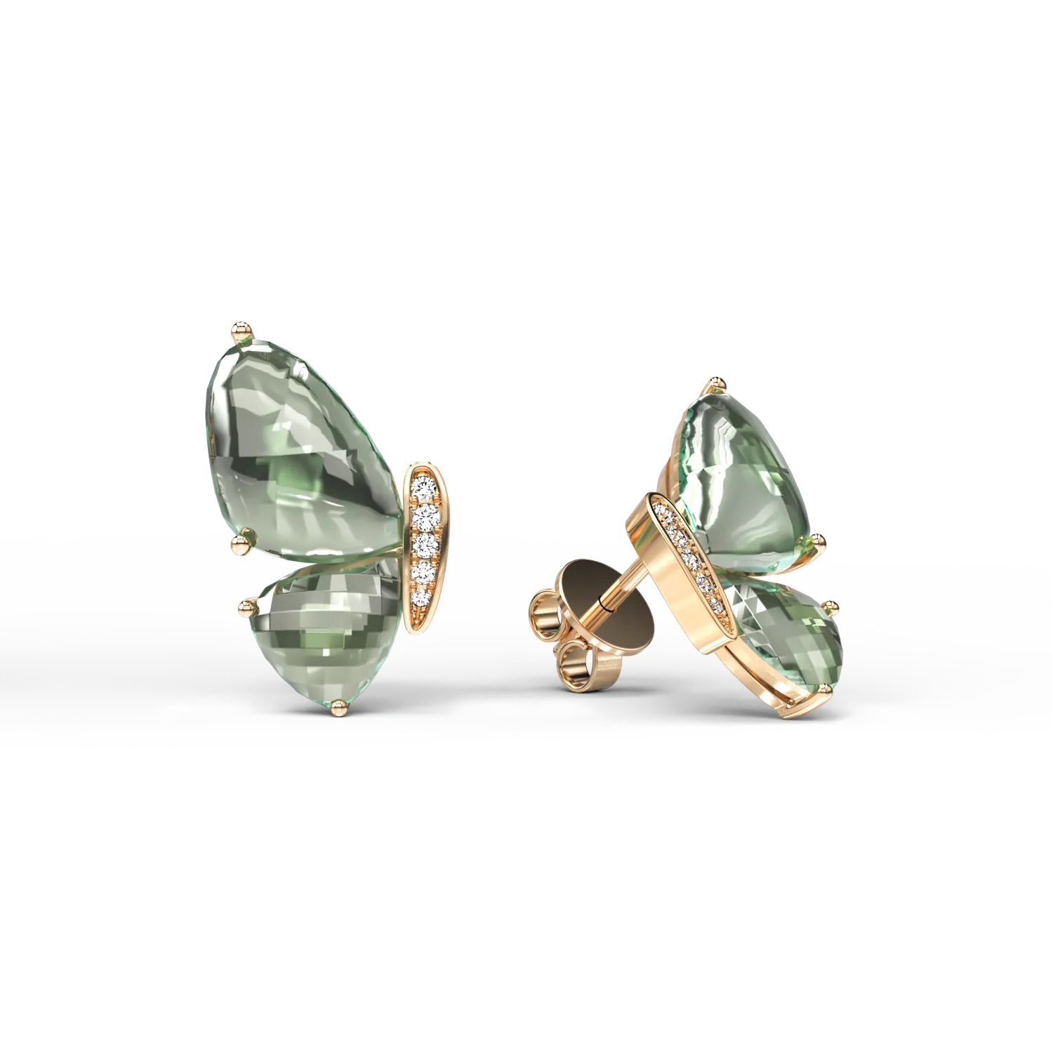 18K yellow gold butterfly earrings with green amethysts of 8.5ct and diamonds of 0.06ct