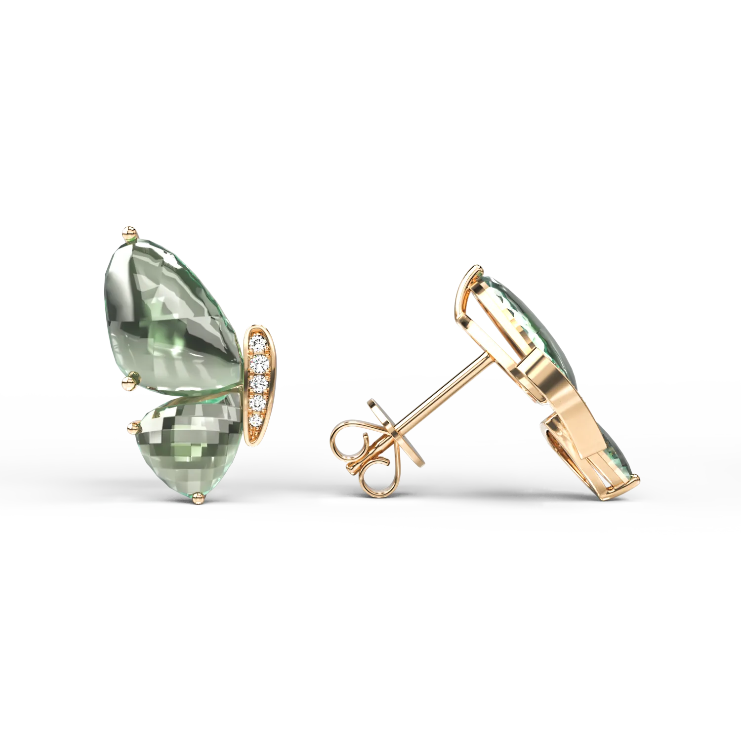 18k sárga pillangó fülbevaló 8.5ct zöld ametrih és gyémánt 0.06ct