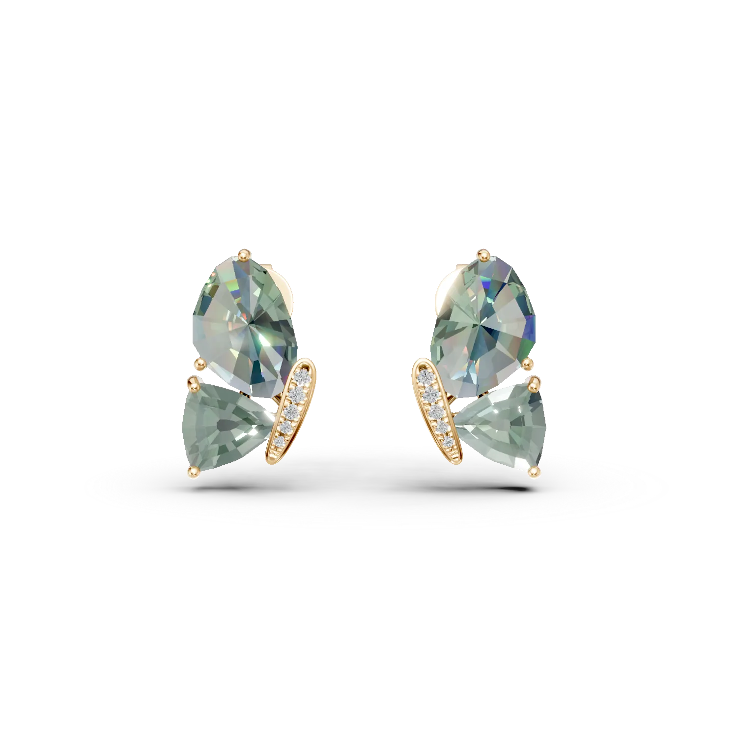 Cercei fluture din aur galben cu ametiste verzi de 8.5ct si diamante de 0.06ct