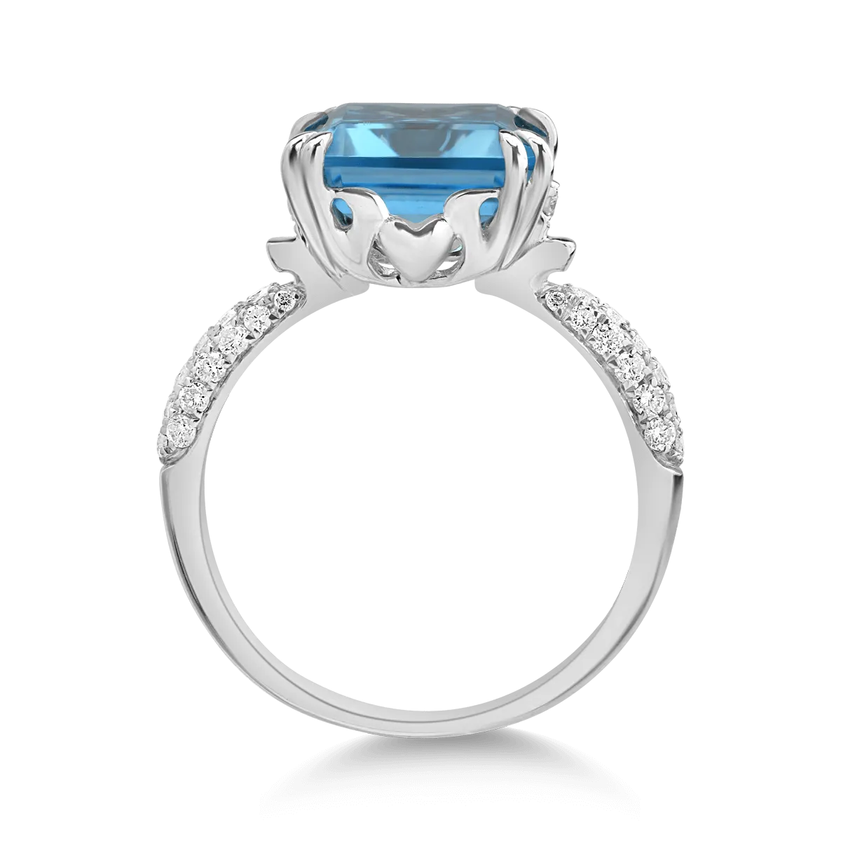 Gyűrű 14K-os fehér aranyból 6,496ct kék topázzal és 0,326ct gyémántokkal. Gramm: 3,70