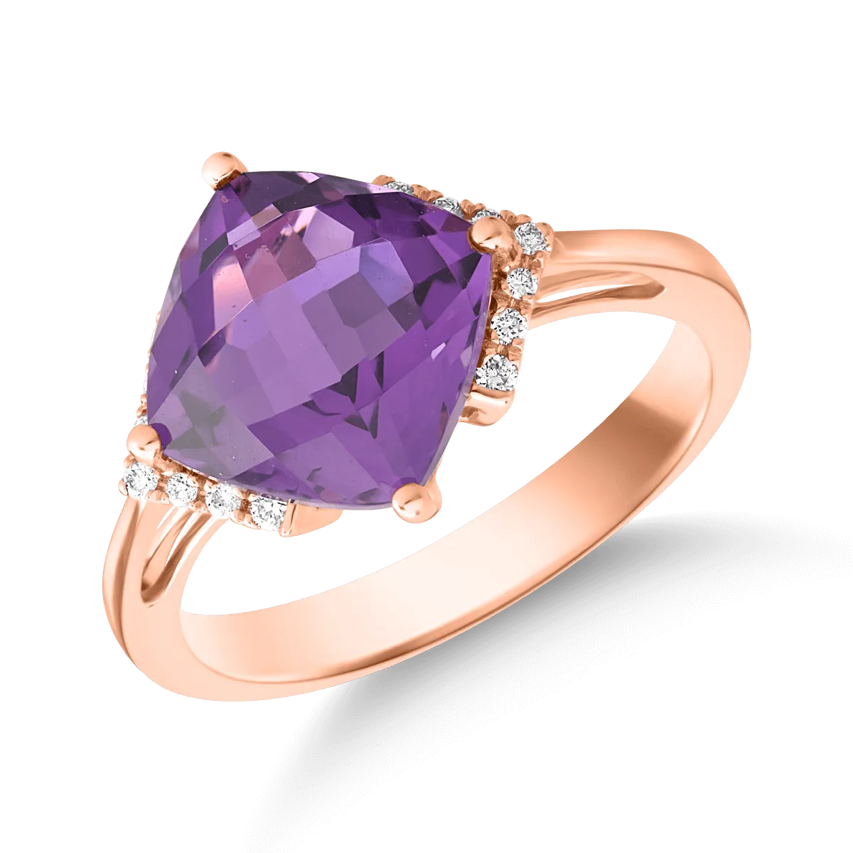 Inel din aur roz de 18K cu ametist de 3.8ct si diamante de 0.08ct