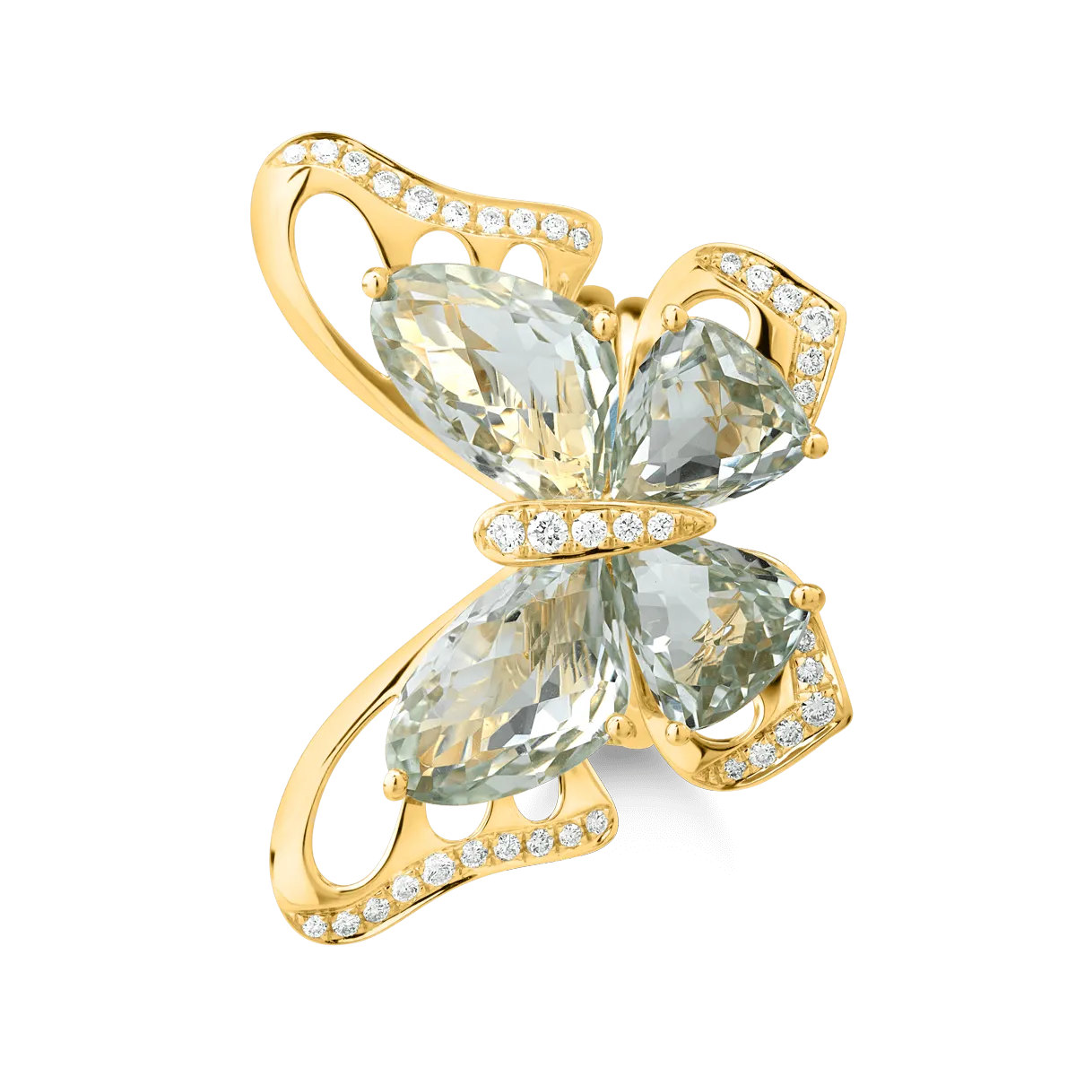 Pillangós gyűrű 18K-os sárga aranyból 11,5ct zöld ametiszttel és 0,38ct gyémánttal
