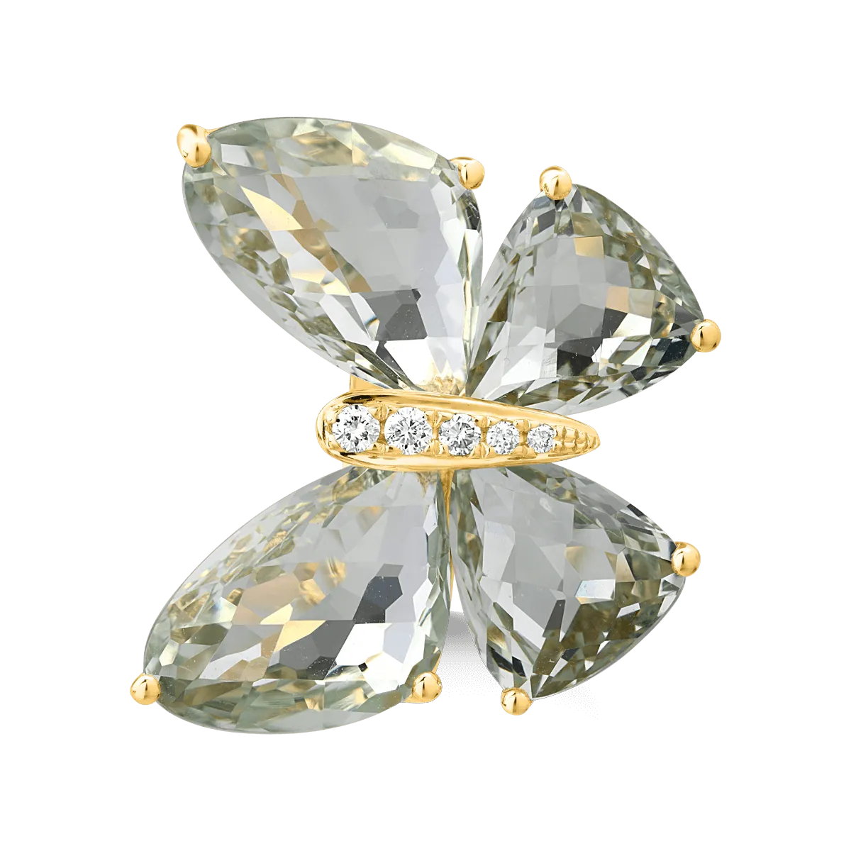 Inel fluture din aur galben de 18K cu ametiste verzi de 11.5ct si diamante de 0.38ct