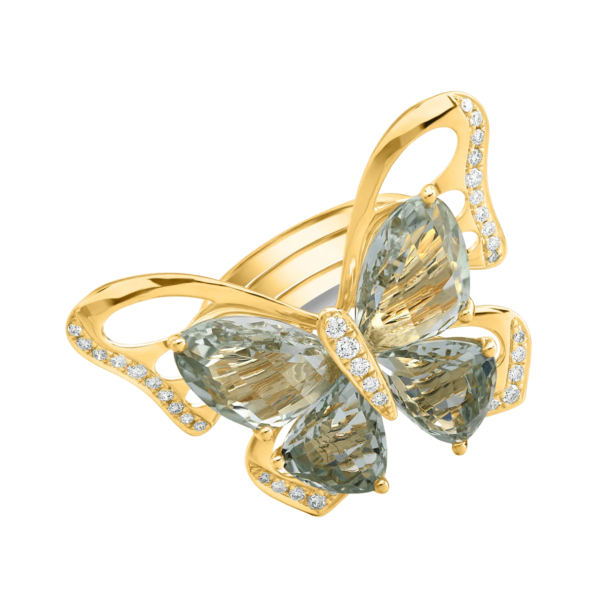 Inel fluture din aur galben cu ametiste verzi de 11.5ct si diamante de 0.38ct