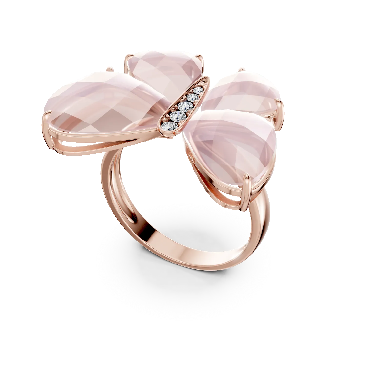 Inel cu fluture din aur roz cu quartz trandafirii de 11.4ct si diamante de 0.07ct