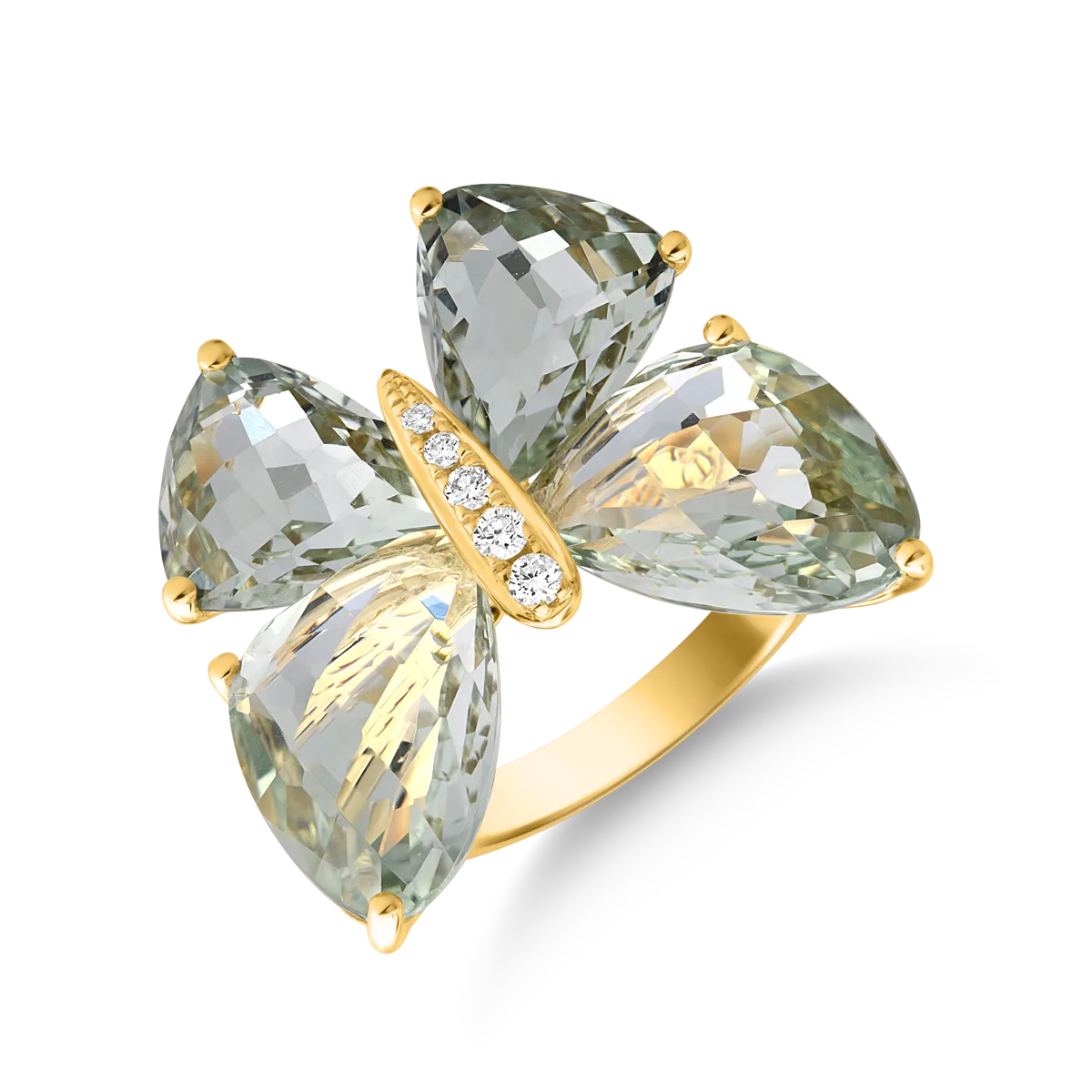 18K yellow gold butterfly ring with 11.7ct green amethysts and 0.07ct diamonds