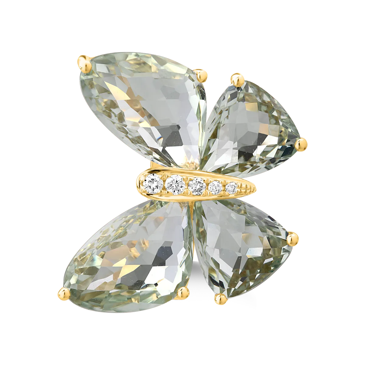 18K yellow gold butterfly ring with 11.7ct green amethysts and 0.07ct diamonds