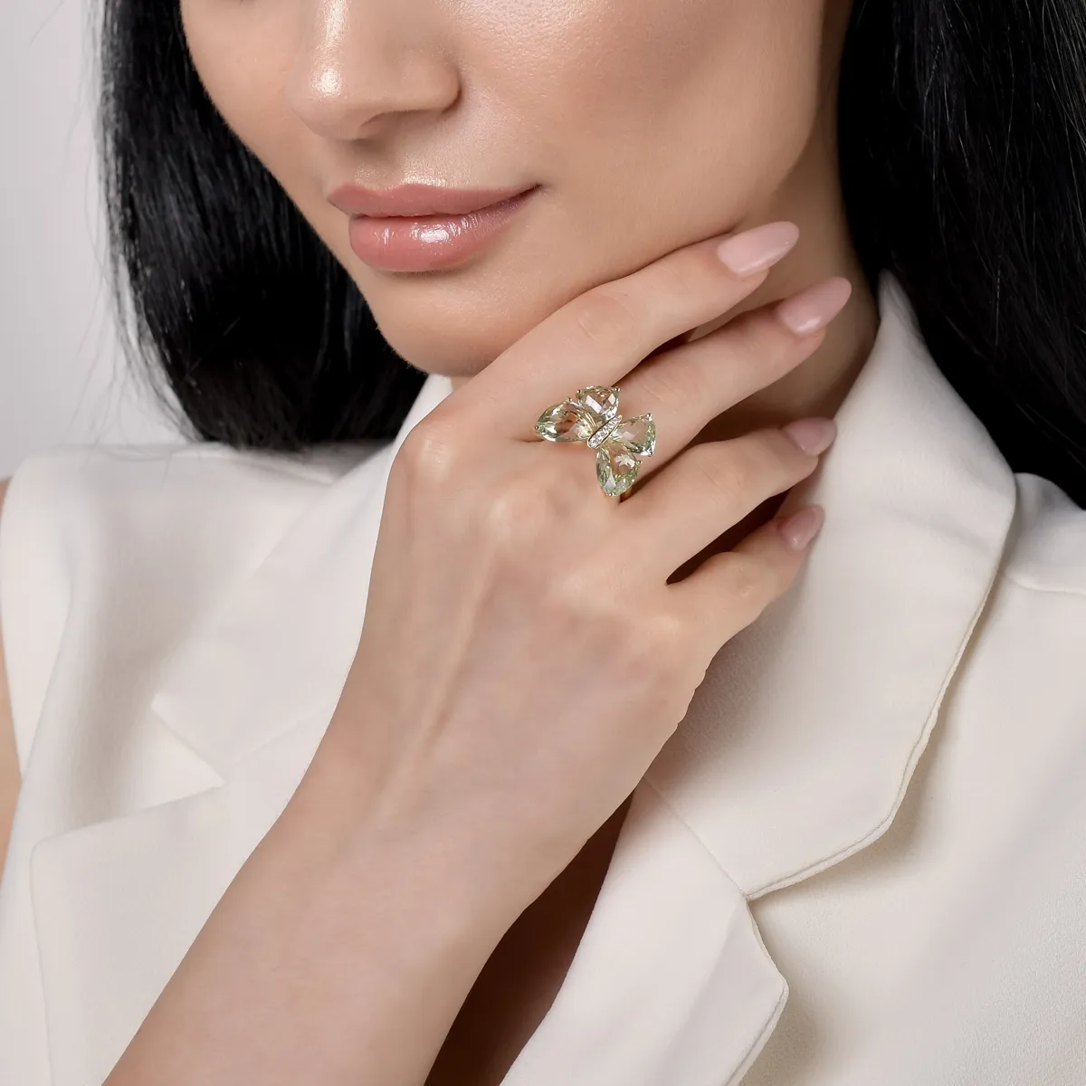 Inel cu fluture din aur galben cu ametiste verzi de 11.7ct si diamante de 0.07ct