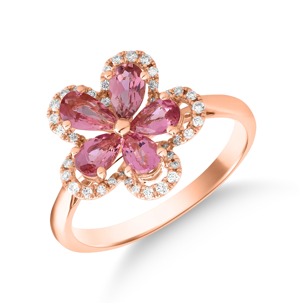 18 karátos rózsaszín arany gyűrű 1 karátos rózsaszín turmalinnal és 0.15 karátos gyémántokkal