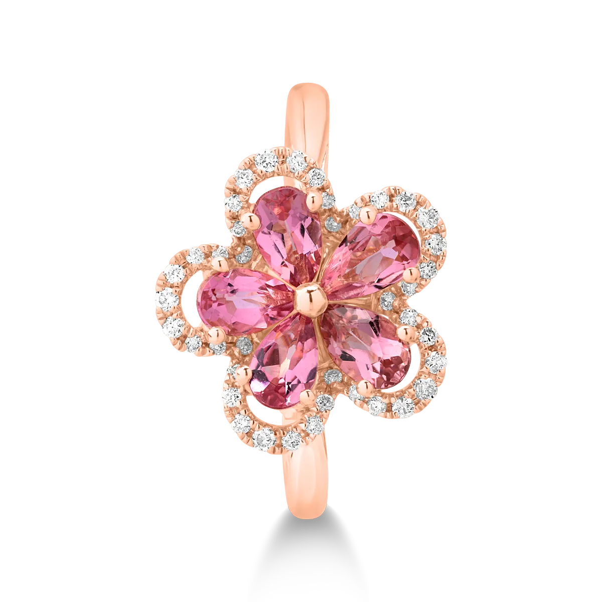 18 karátos rózsaszín arany gyűrű 1 karátos rózsaszín turmalinnal és 0.15 karátos gyémántokkal