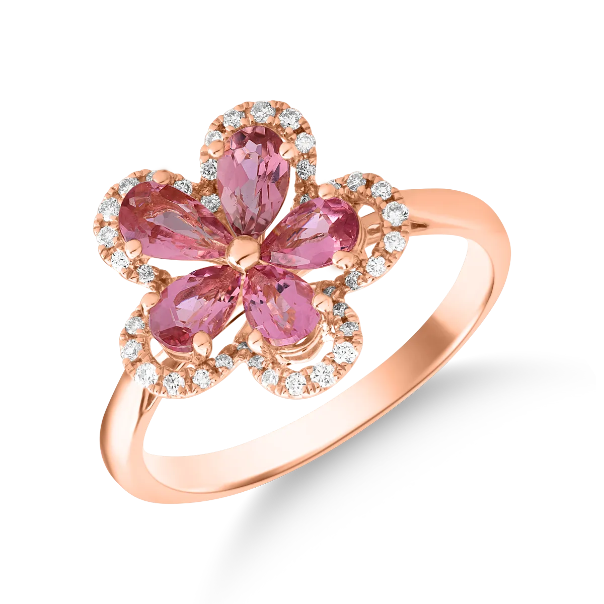 Inel floare din aur roz cu turmaline roz de 1ct si diamante de 0.15ct