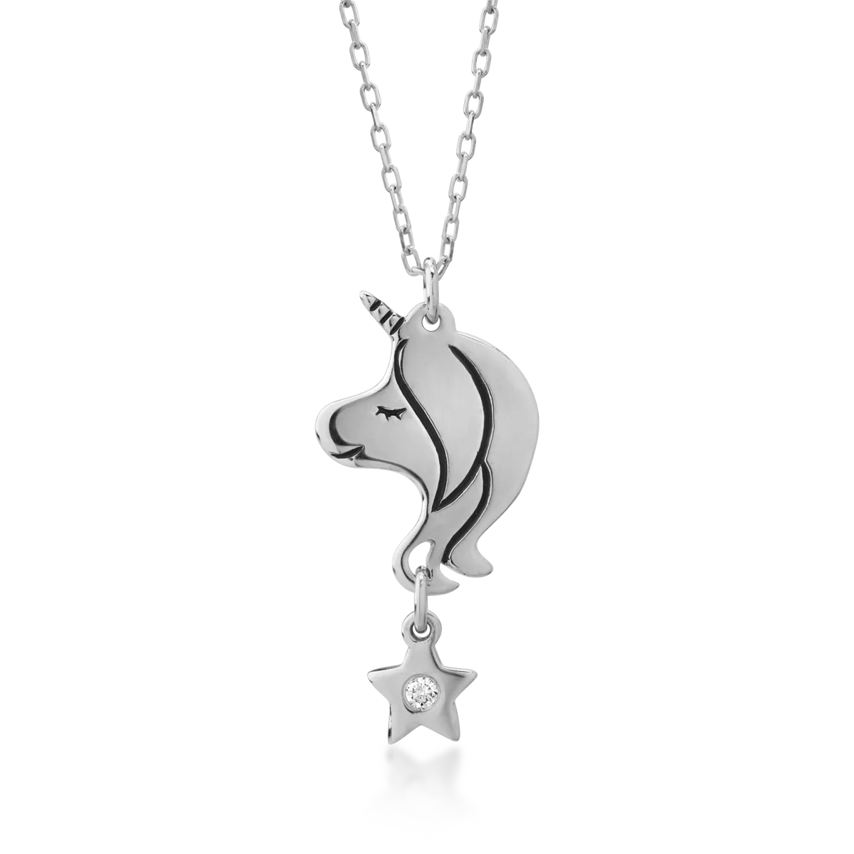 14K white gold unicorn children's pendant necklace with 0.006ct diamond