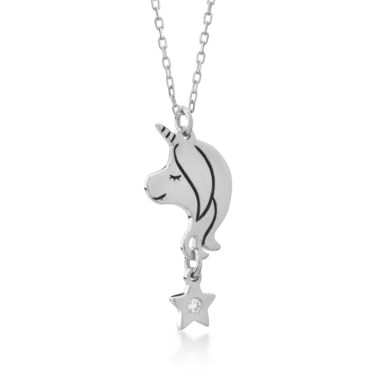 14K white gold unicorn children's pendant necklace with 0.006ct diamond