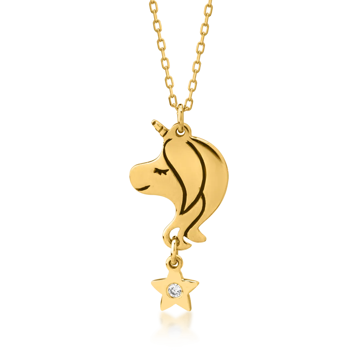 14K yellow gold unicorn children's pendant necklace with 0.006ct diamond