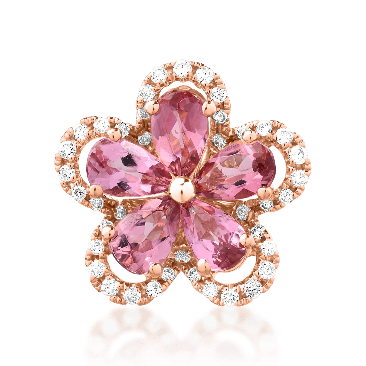 Pandantiv floare din aur roz cu turmaline roz pear de 1ct si diamante de 0.1ct
