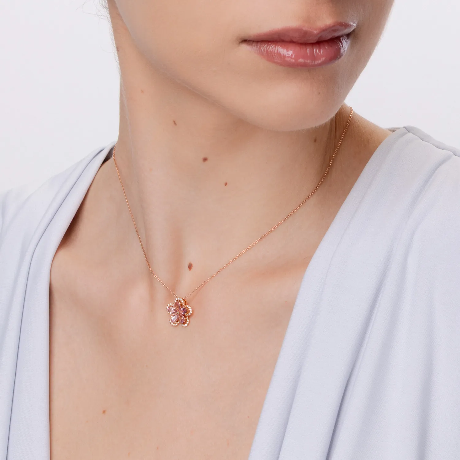 Pandantiv floare din aur roz cu turmaline roz pear de 1ct si diamante de 0.1ct - imagine 4