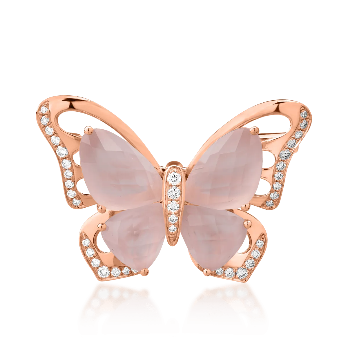 Pillangó alakú bross 18K-os rózsaszín aranyból 11,8ct rózsa kvarccal és 0,39ct gyémánttal