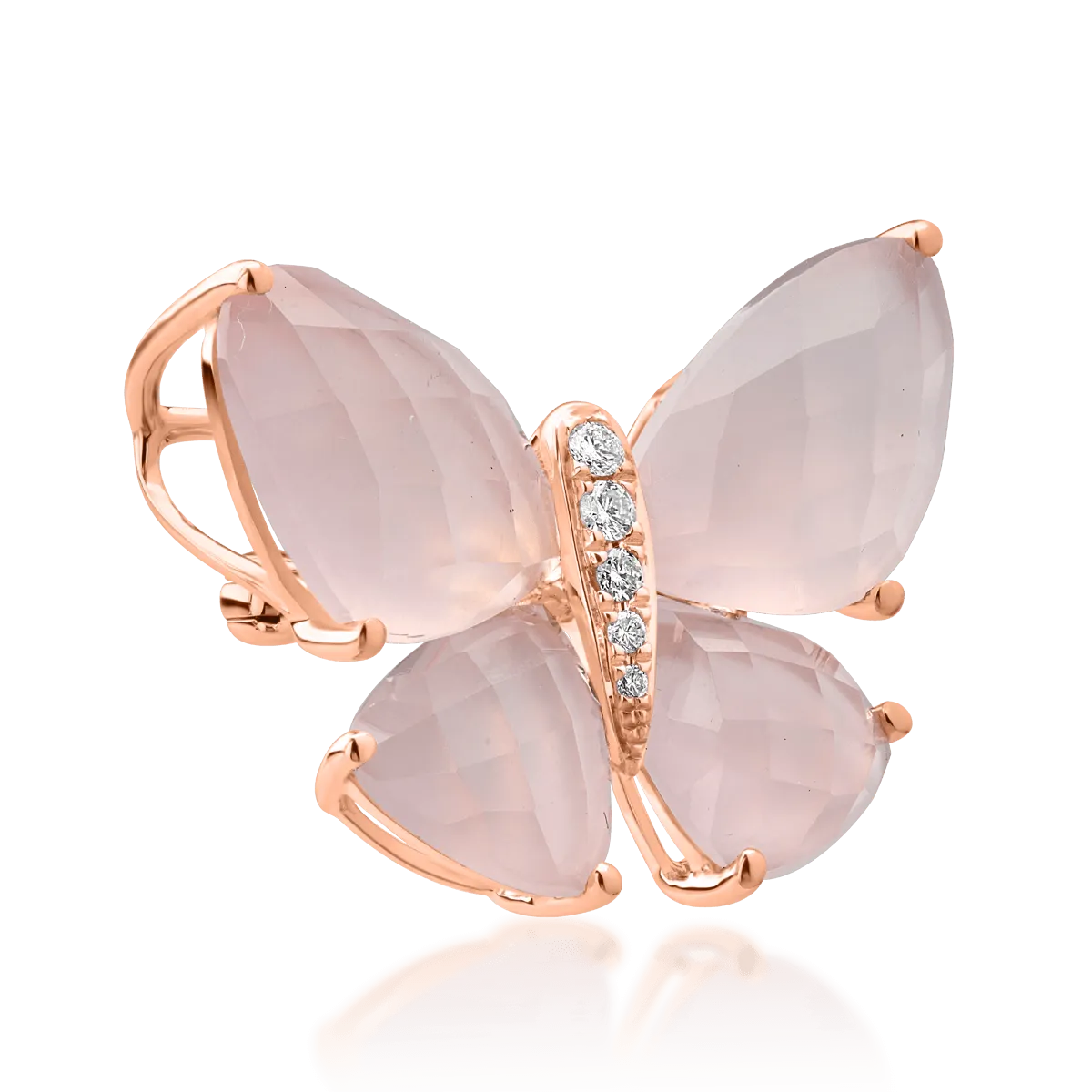 Pillangó alakú bross 18K-os rózsaszín aranyból 11,8ct rózsa kvarccal és 0,39ct gyémánttal