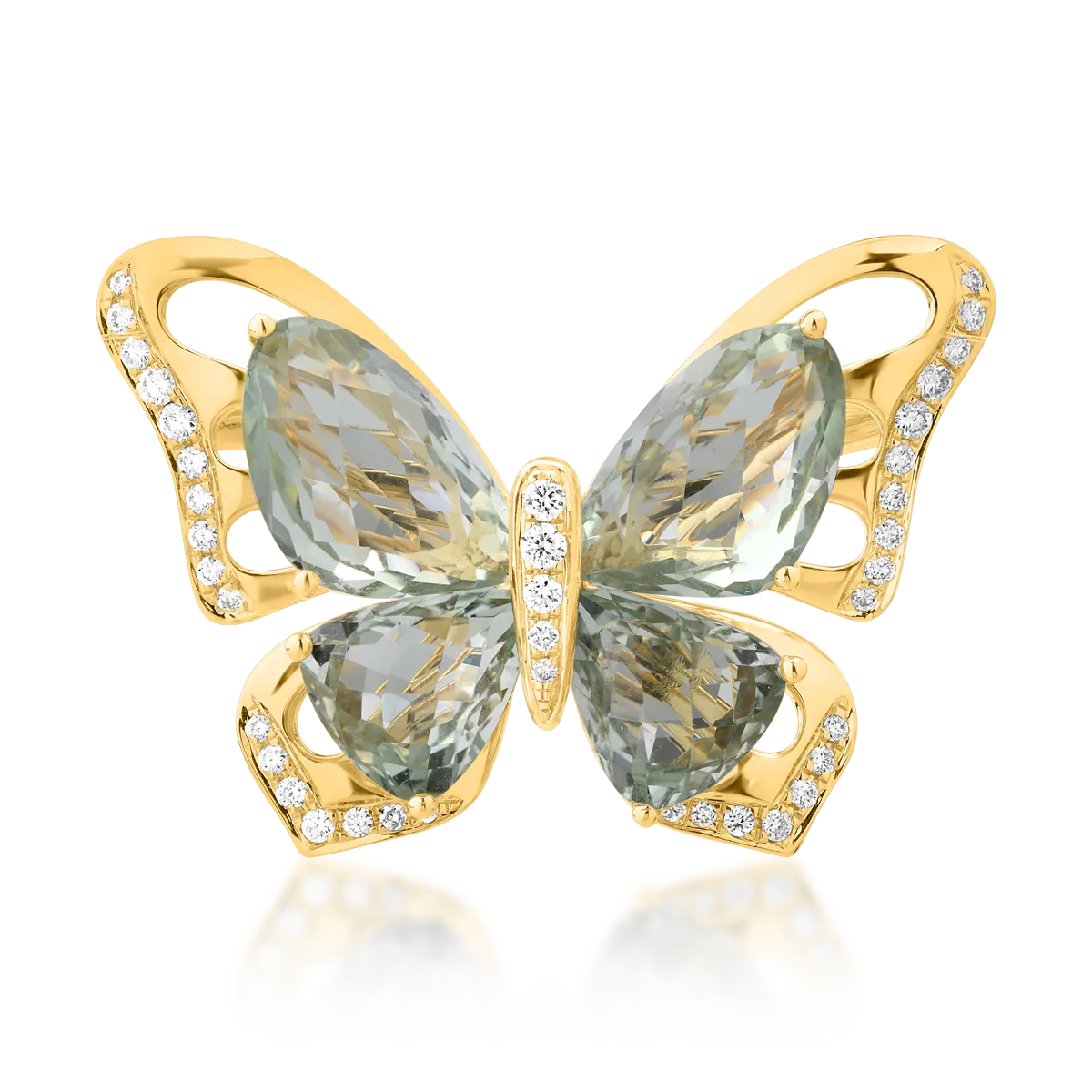 18K sárga arany pillangós bross 11.8ct levehető zöld ametisztekkel és 0.39ct gyémántokkal-103882