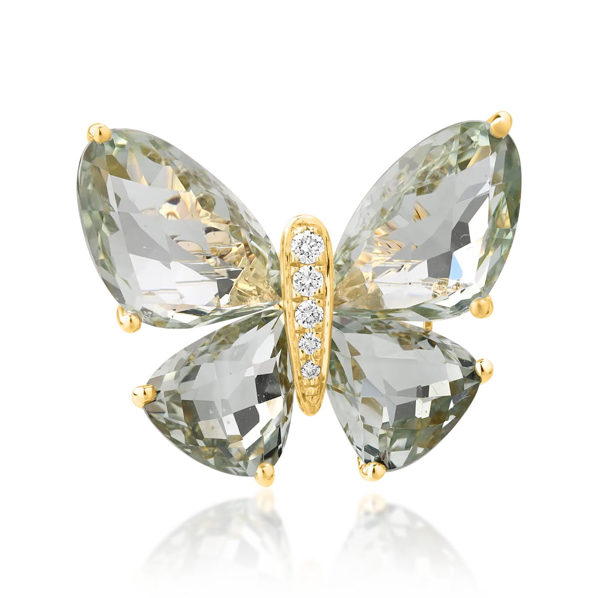 Brosa fluture din aur galben cu ametiste verzi de 11.8ct detasabile si diamante de 0.39ct