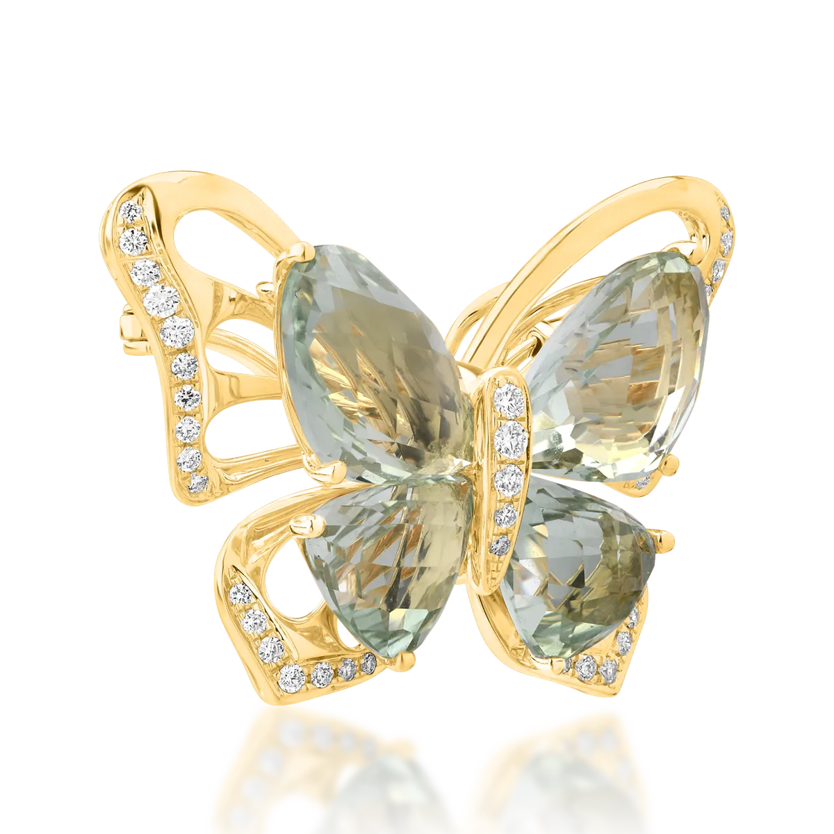 Brosa fluture din aur galben cu ametiste verzi de 11.8ct detasabile si diamante de 0.39ct