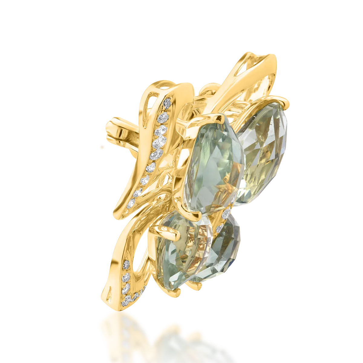 Brosa fluture din aur galben cu ametiste verzi de 11.8ct detasabile si diamante de 0.39ct