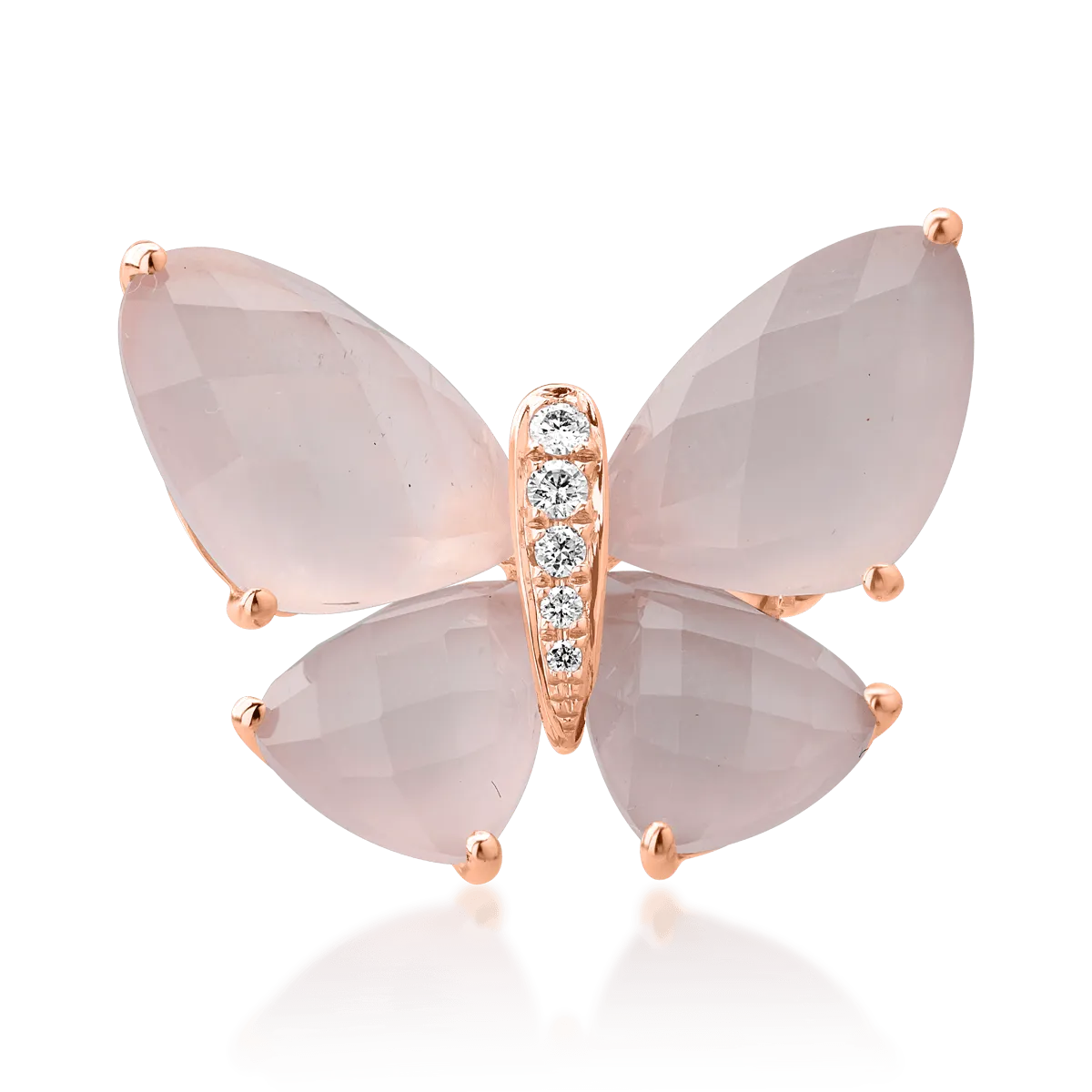 Brosa fluture din aur roz de 18K cu quartz trandafiriu de 11.8ct si diamante de 0.06ct