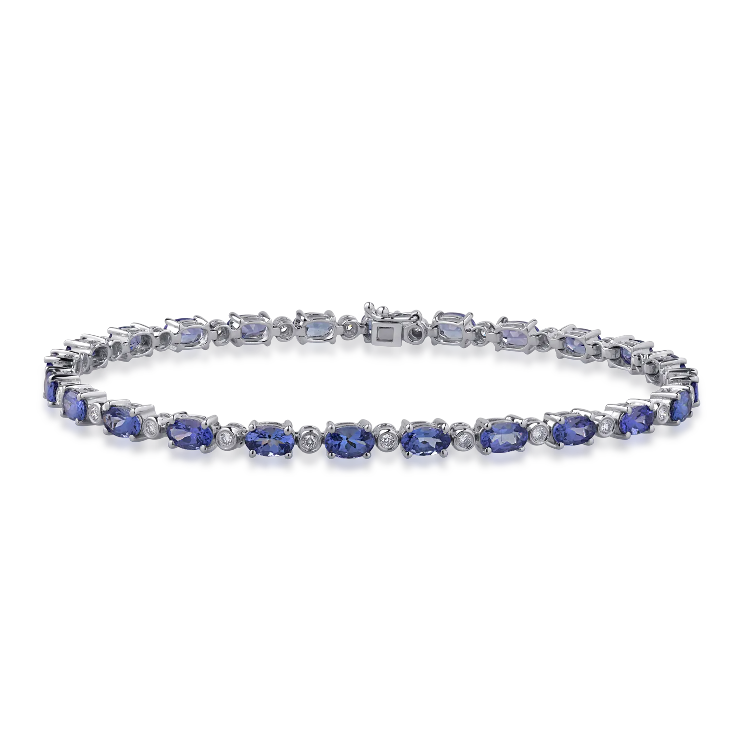 14K white gold tennis bracelet with 6.44ct tanzanites and 0.35ct diamonds