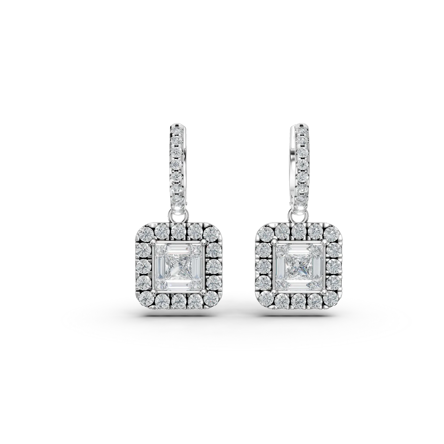 Teilor Cercei din aur alb cu diamante princess,baguette si rotunde de 1.35ct