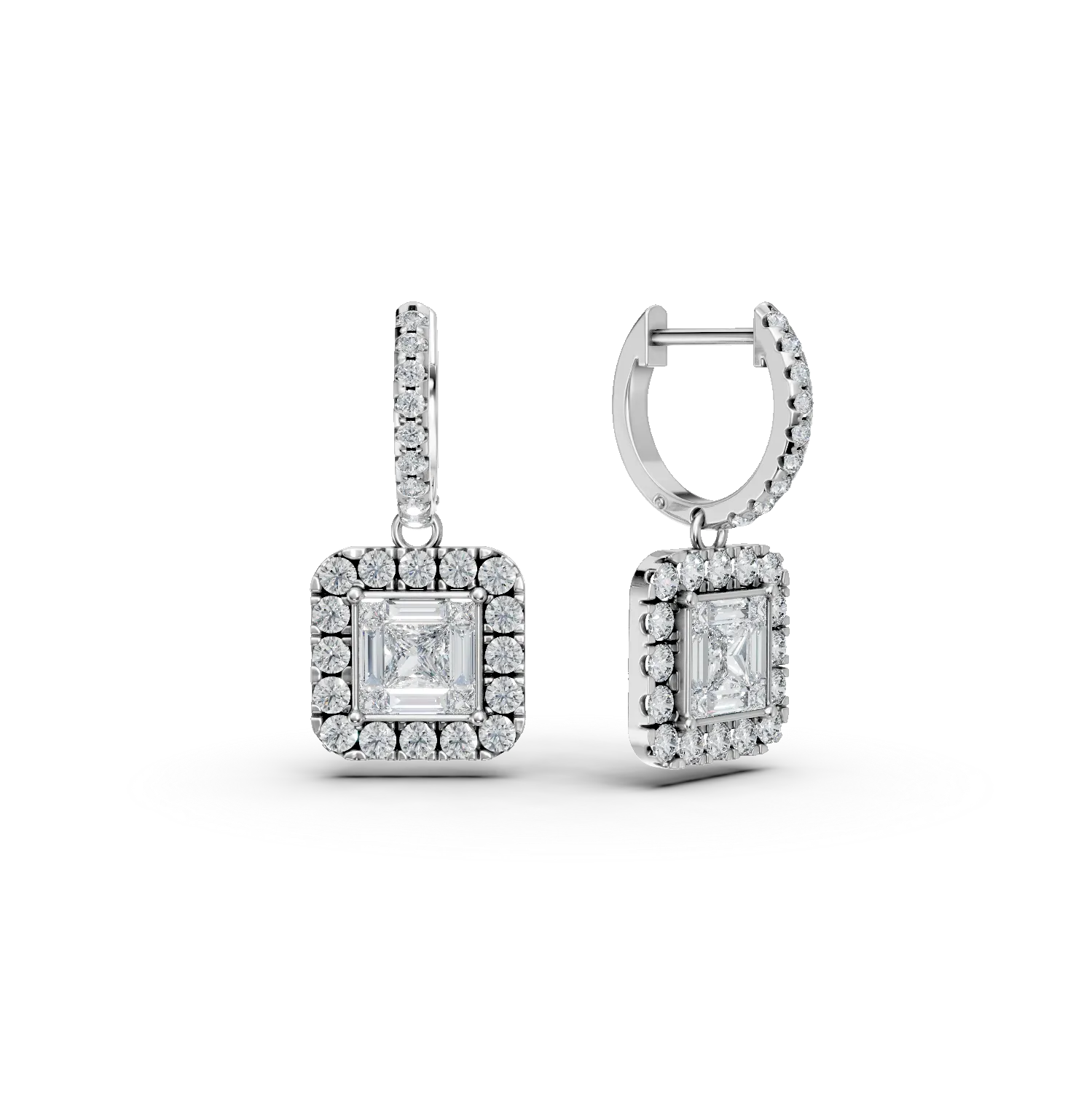 Cercei din aur alb cu diamante princess,baguette si rotunde de 1.35ct