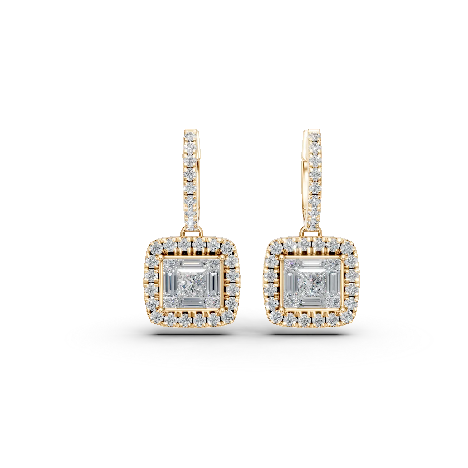 Teilor Cercei din aur galben cu diamante princess,baguette si rotunde de 1.36ct