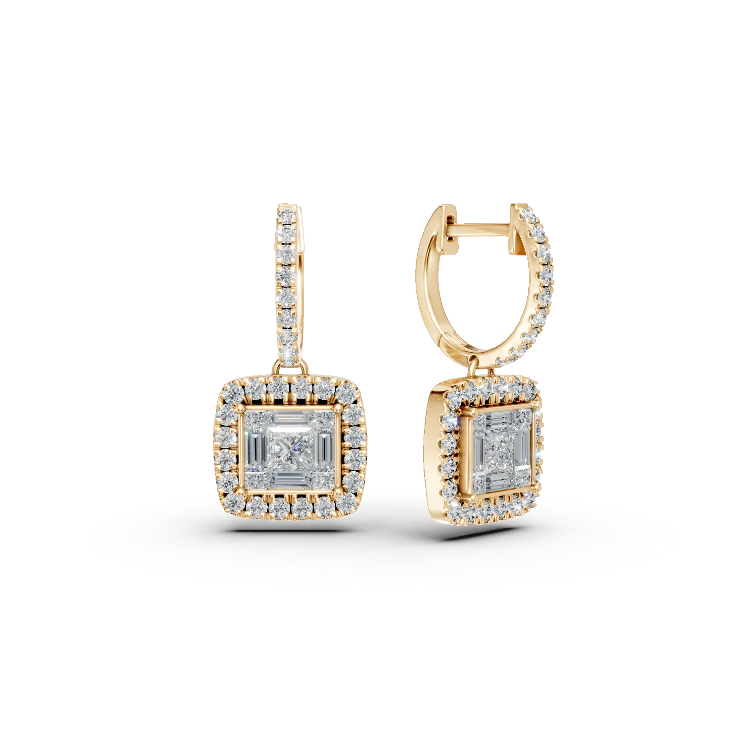 Teilor Cercei din aur galben cu diamante princess,baguette si rotunde de 1.36ct