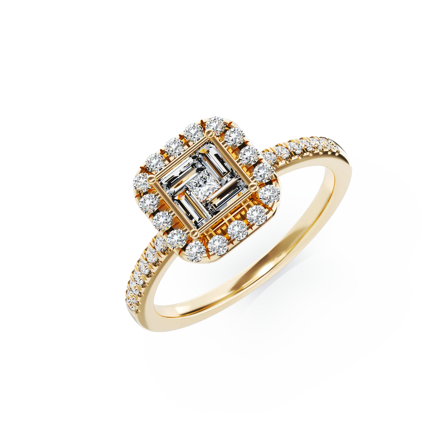Inel de logodna din aur galben cu diamante baguette, princess si rotunde de 0.4ct