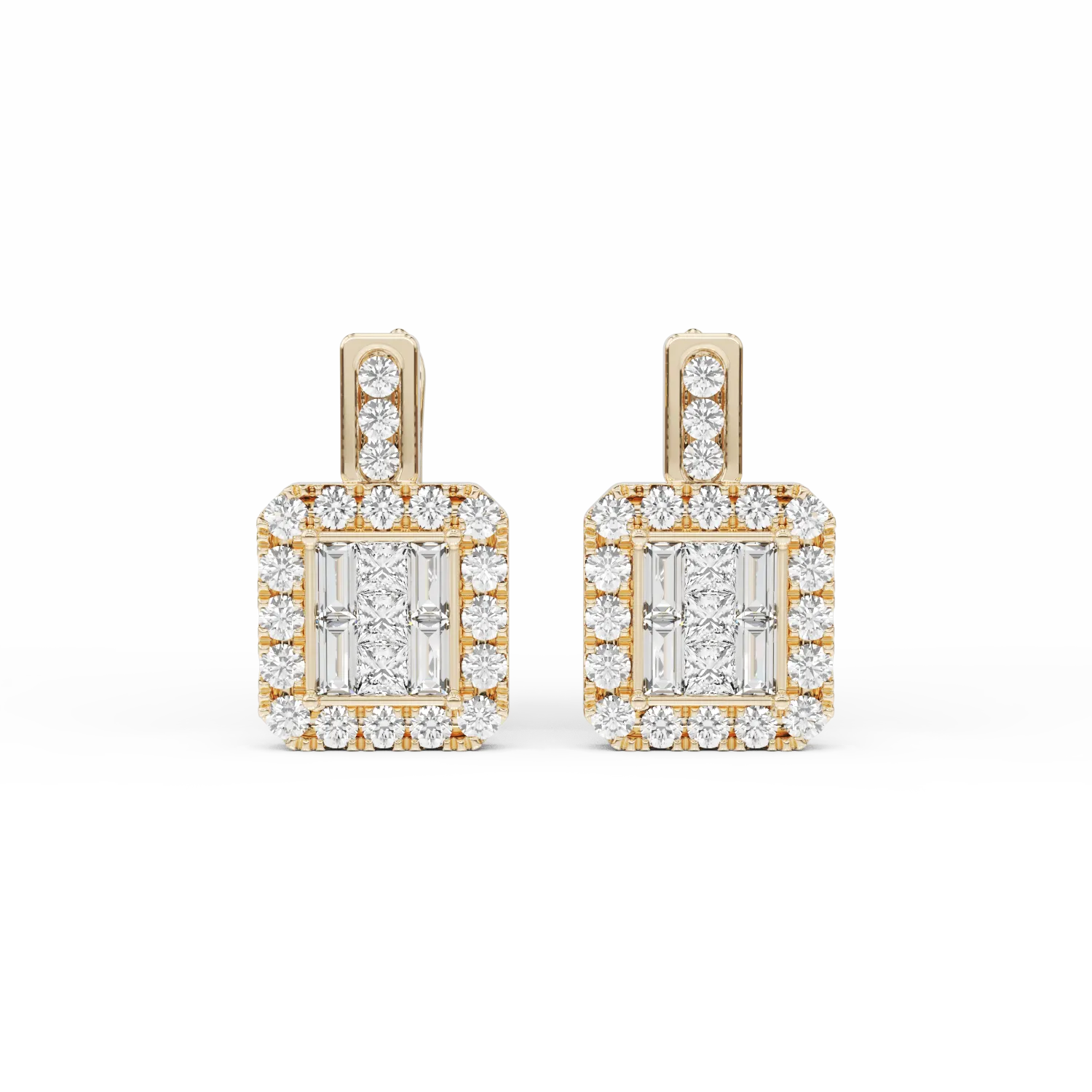 Teilor Cercei din aur galben cu diamante baguette, princess si rotunde de 0.76ct