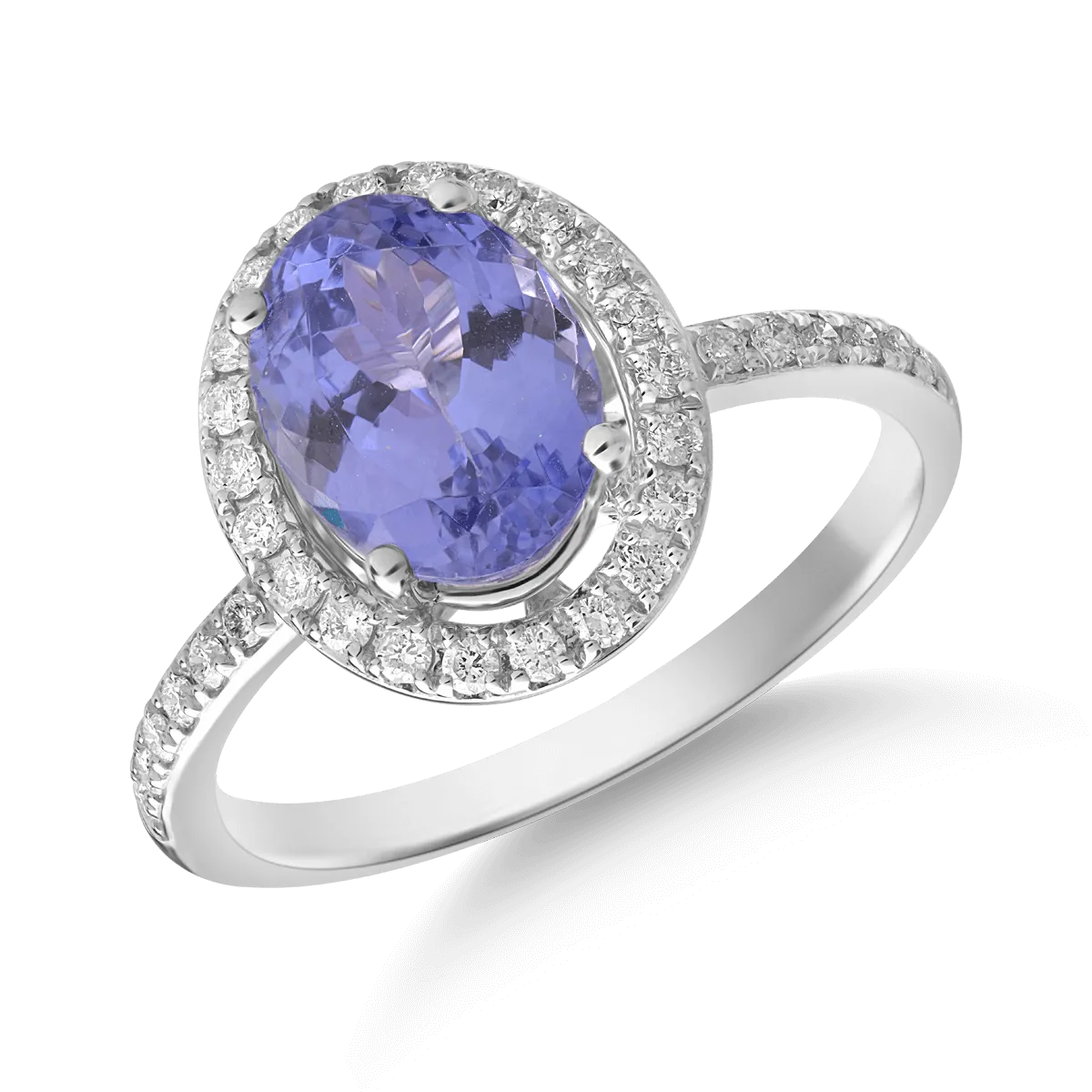 Inel din aur alb cu tanzanit oval de 2ct si diamante de 0.2ct