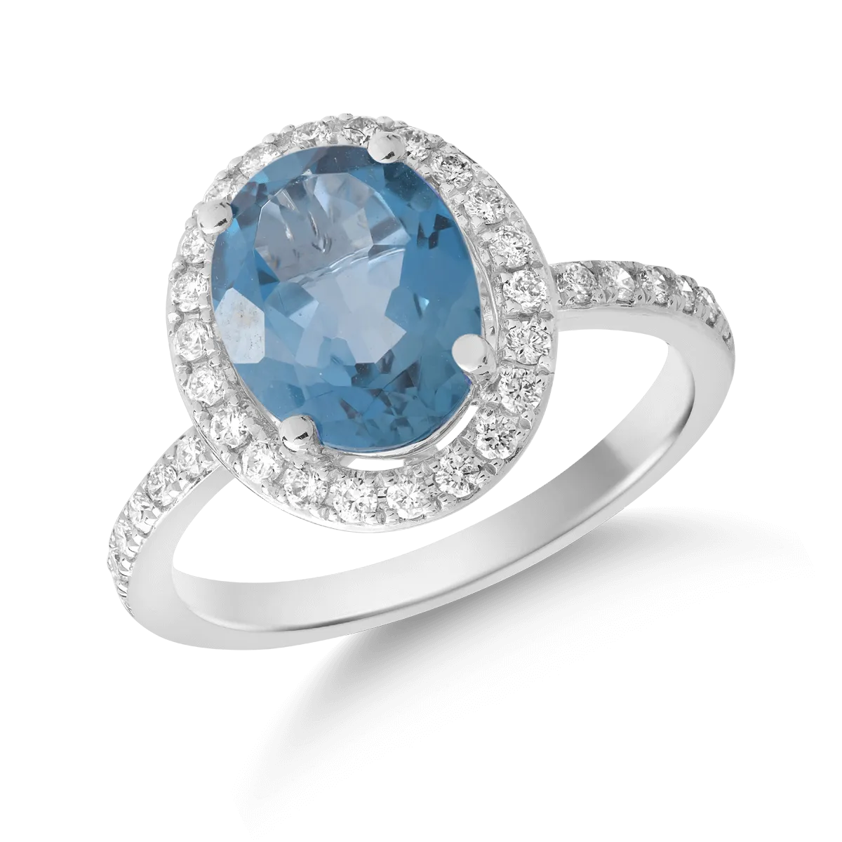 Gyűrű 18K-os fehér aranyból 2.43ct london blue topázzal és 0.25ct gyémánttal