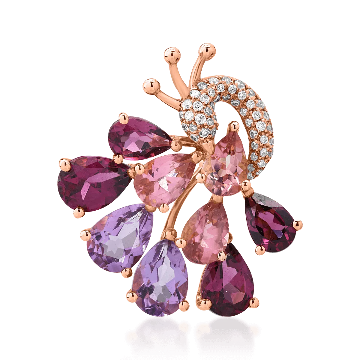 18K rose gold peacock pendant with 5.67ct precious and semiprecious stones