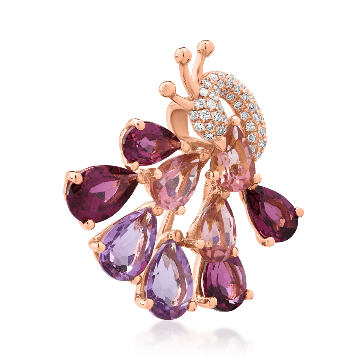 18K rose gold peacock pendant with 5.67ct precious and semiprecious stones