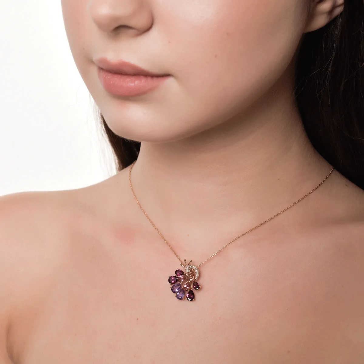 18K rose gold peacock pendant with 5.67ct precious and semiprecious stones