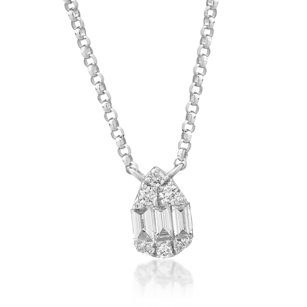 Teilor Lant cu pandantiv din aur alb cu diamante baguette si rotunde de 0.18ct