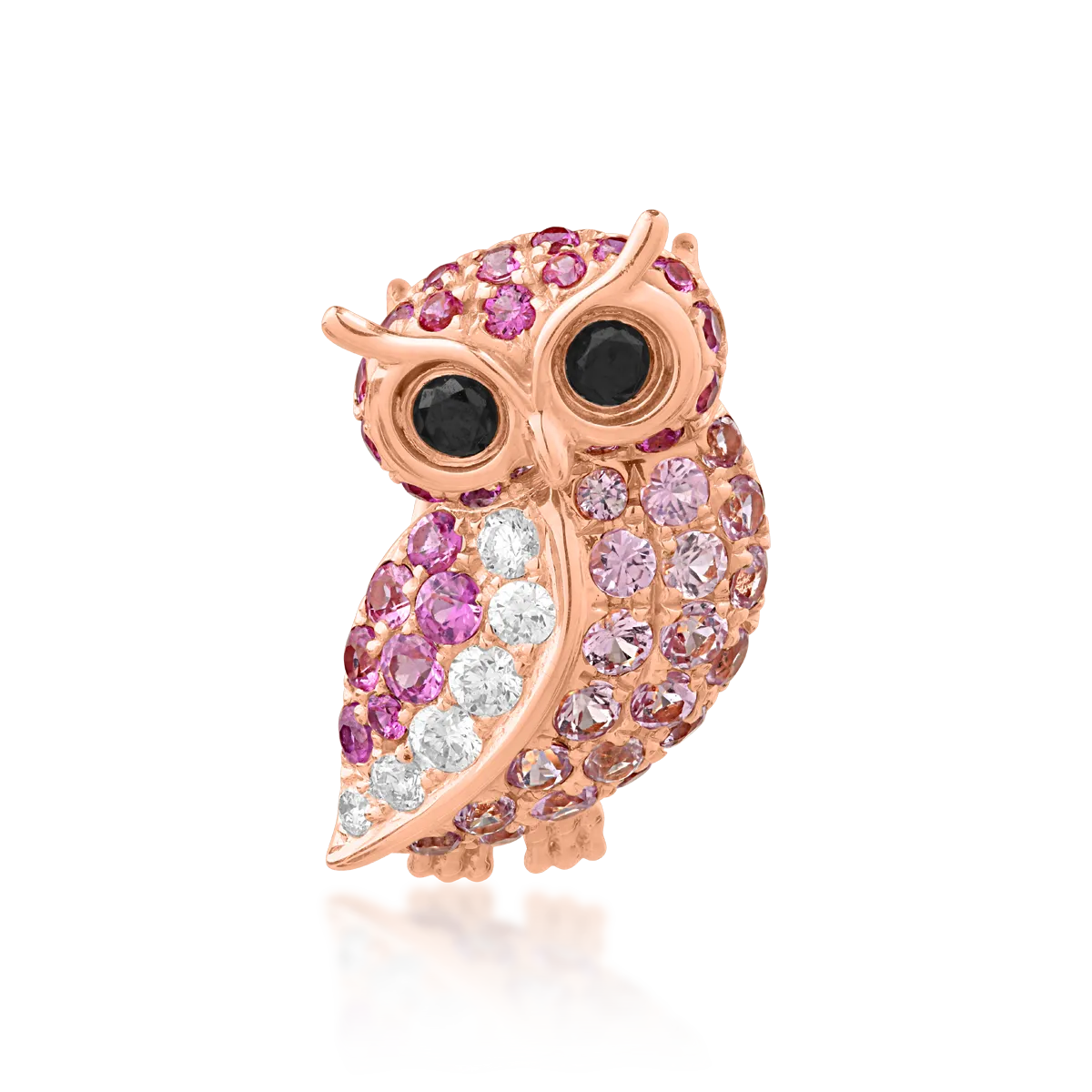 18k Rose Gold Owl Pendant Pink Sapphires 0.6ct és gyémánt 0.16cc