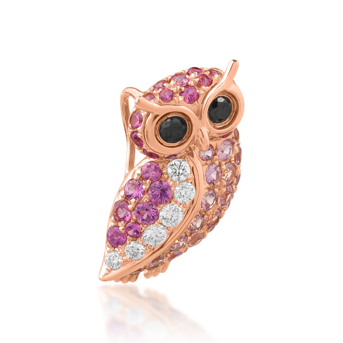 18k Rose Gold Owl Pendant Pink Sapphires 0.6ct és gyémánt 0.16cc